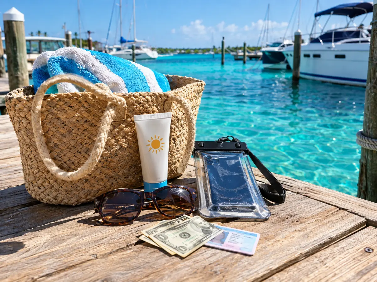 A beach bag with sunscreen, sunglasses, a phone pouch, cash and ID on a dock