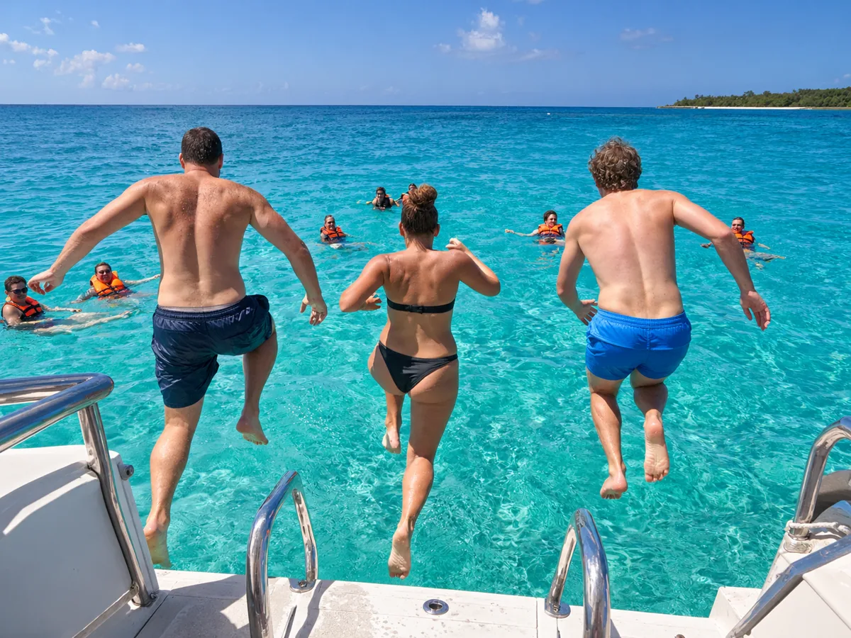 Guests jumping off the back of a party boat into turquoise water